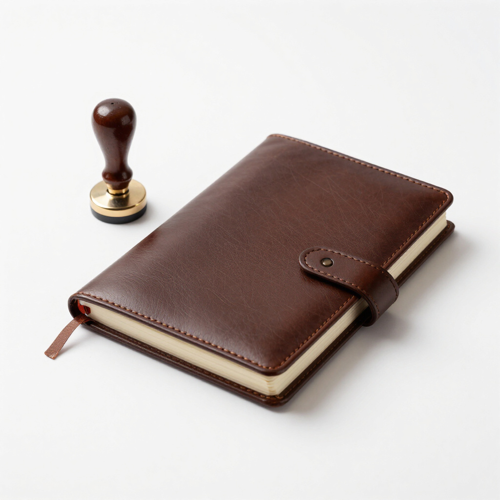 A brown leather-bound notebook with a strap closure and a ribbon bookmark, alongside a wax stamp with a wooden handle on a white background.
