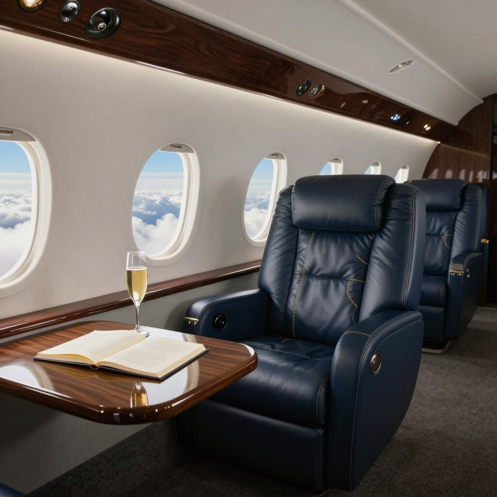 Inside a private jet with a row of windows showing clouds, a polished wooden table with a glass of champagne and an open book, and black leather airline seats.