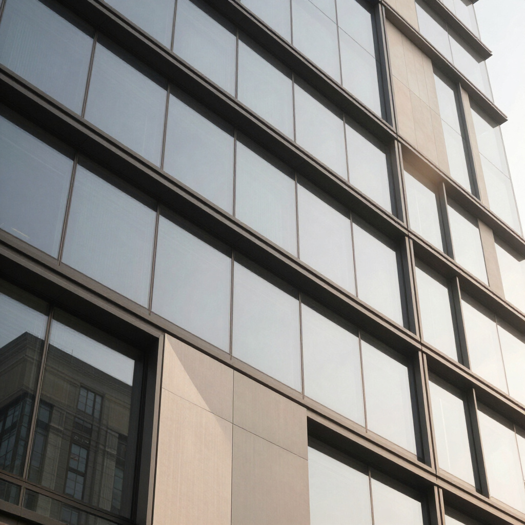 Close-up of a modern glass-building exterior with large reflective windows in an urban setting.