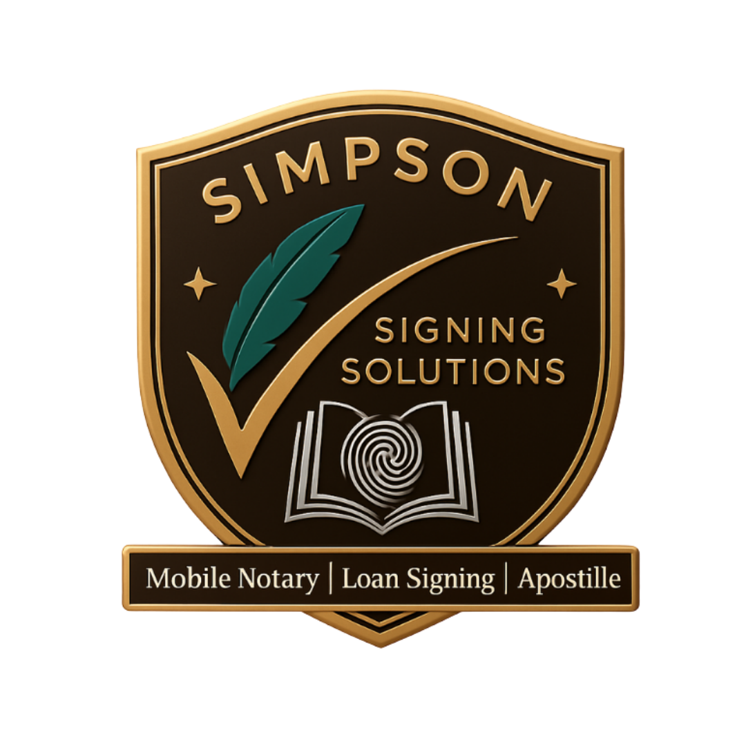A badge with the text 'Simpson Signing Solutions', a feather, a check mark, a fingerprint in a book, and additional text 'Mobile Notary, Loan Signing, Apostille'.