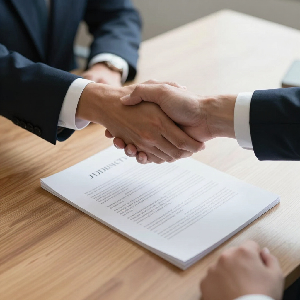 Two individuals in business suits shaking hands over a table with a contract and documents.
