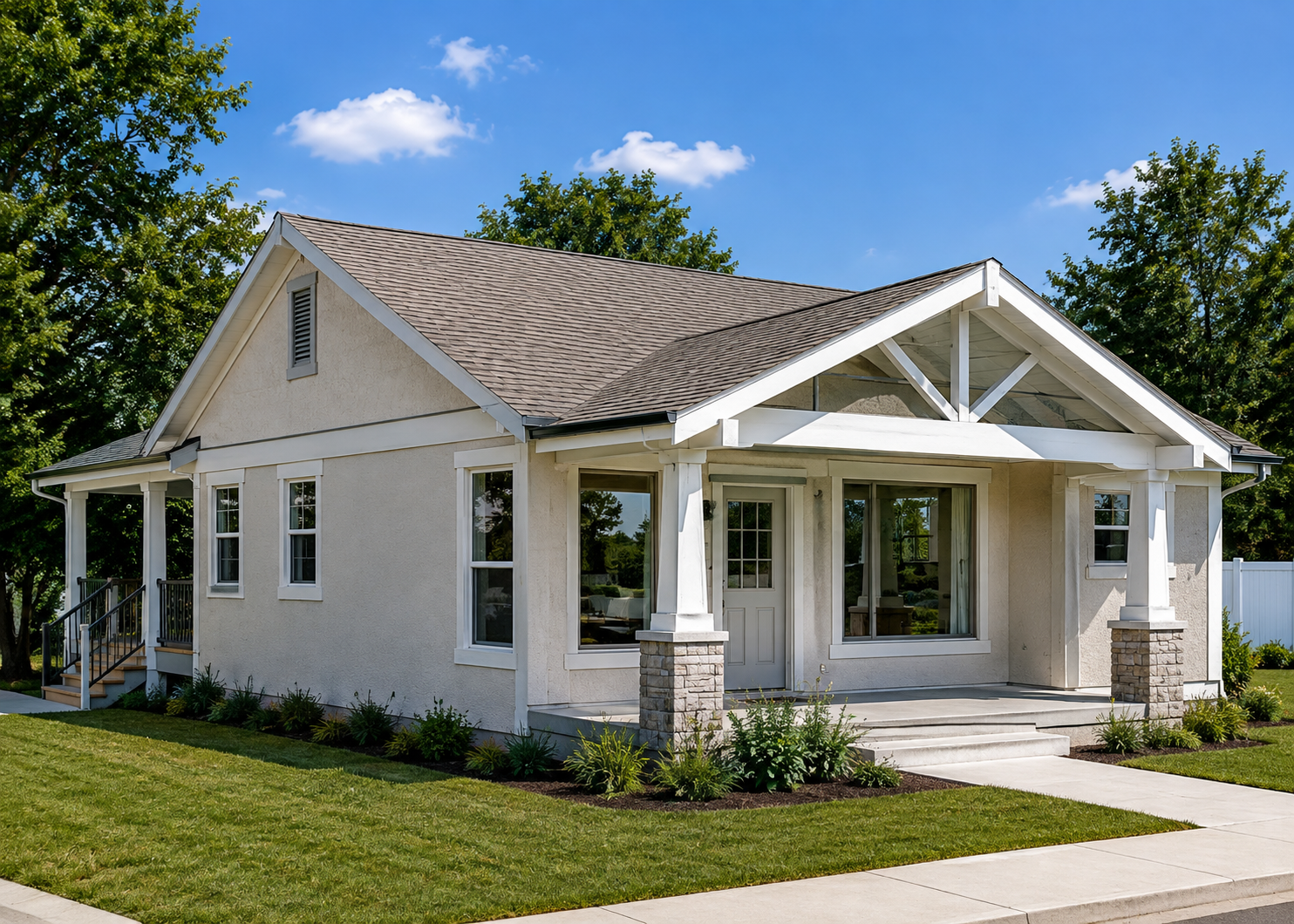 A modern single-family home with a gable roof, front stairs, a porch supported by columns, and a well-maintained lawn.
