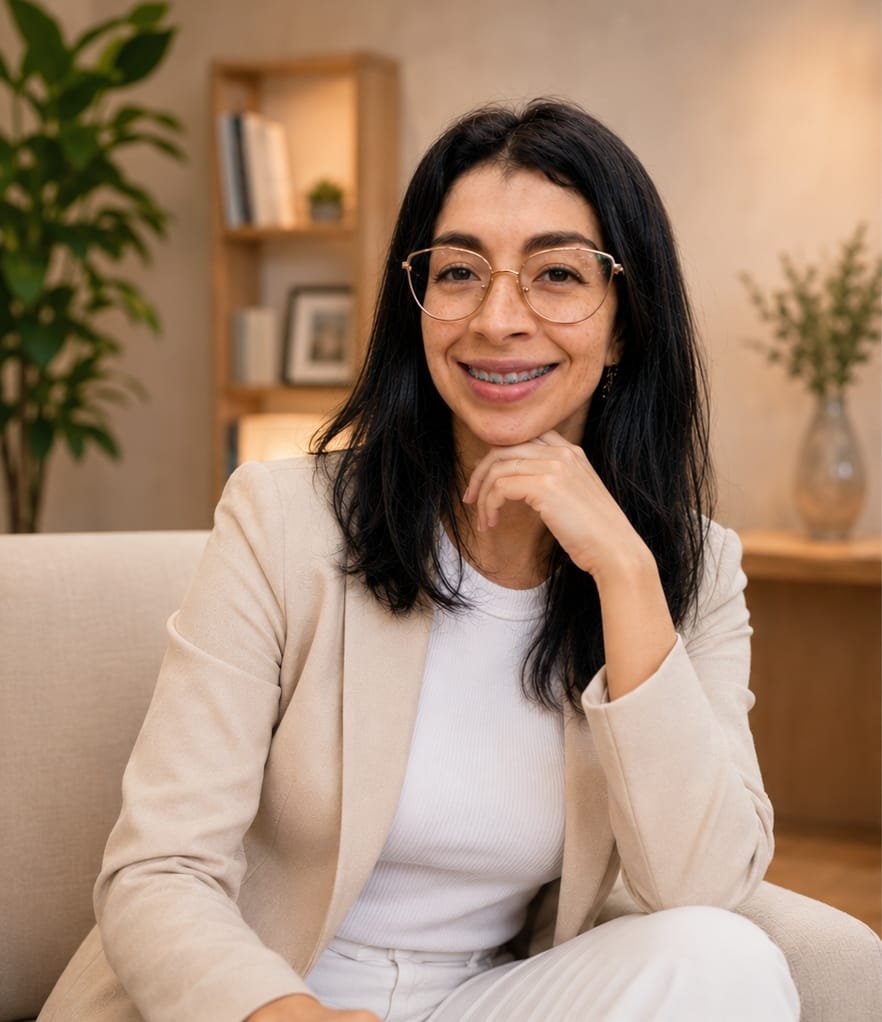 Una mujer con gafas y cabello negro, sonriendo y descansando su mano en su barbilla, en un ambiente acogedor de interiores con estanterías y plantas decorativas.