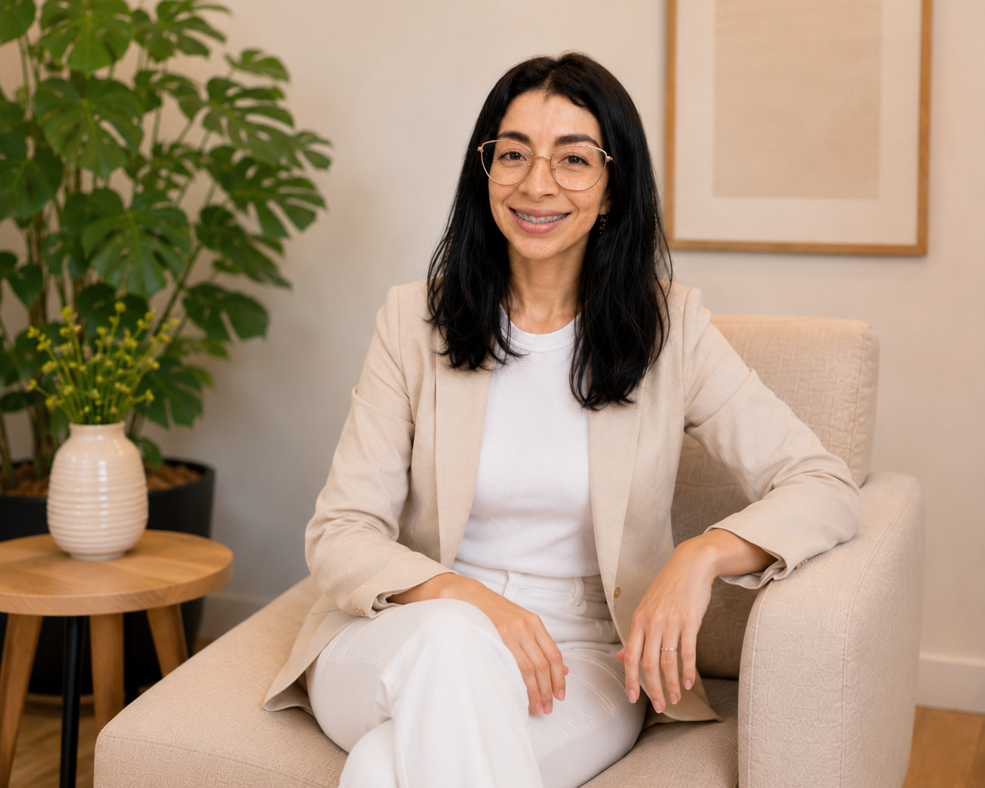 Mujer con gafas, cabello oscuro y rubio, sonriendo, sentada en sillón beige en interior con plantas y cuadro en la pared.