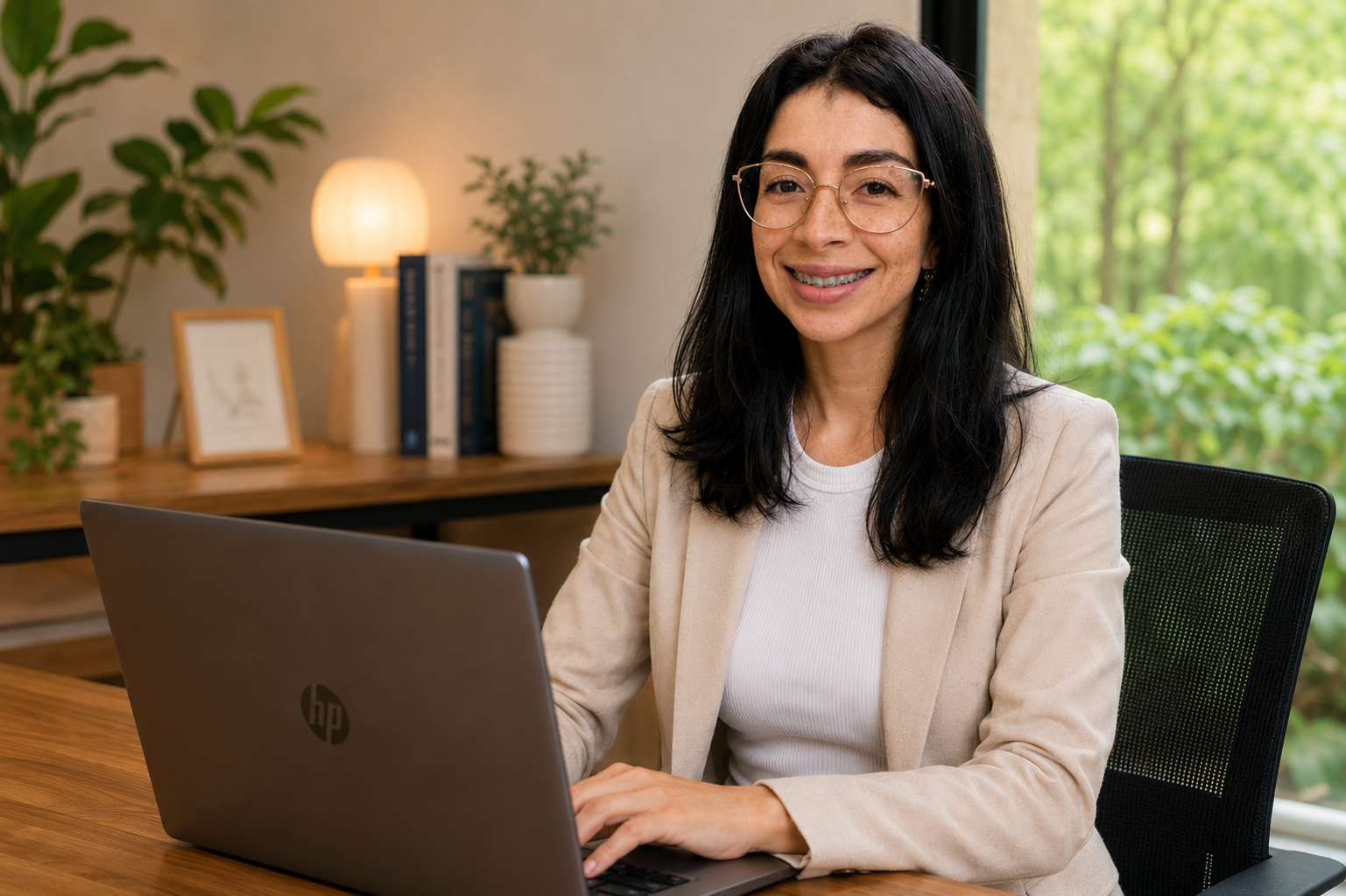 Mujer sonriendo en una oficina con laptop y fondo que muestra plantas y luz natural
