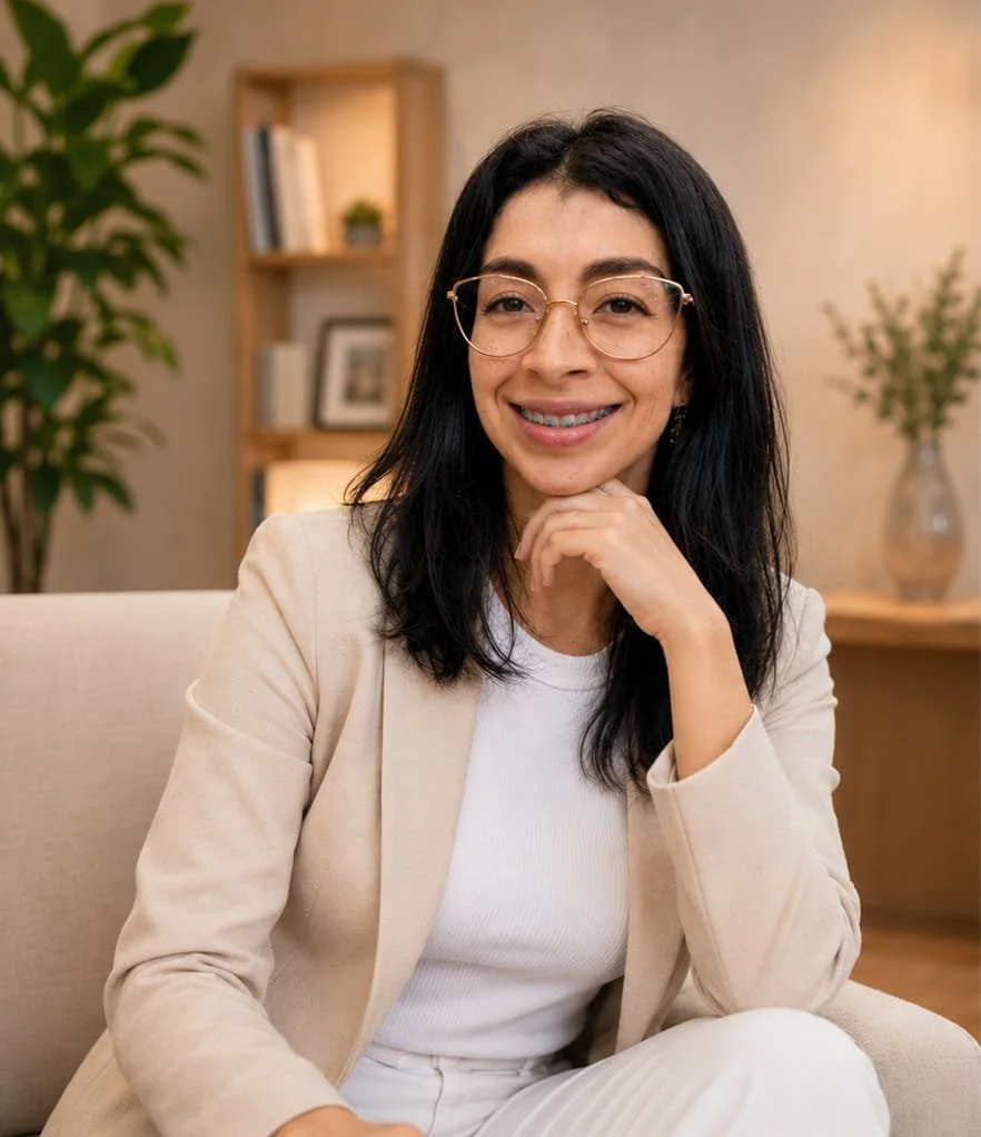 Mujer de cabello oscuro y gafas, sonriendo y sentada en un sillón, fondo con libros y plantas decorativas.