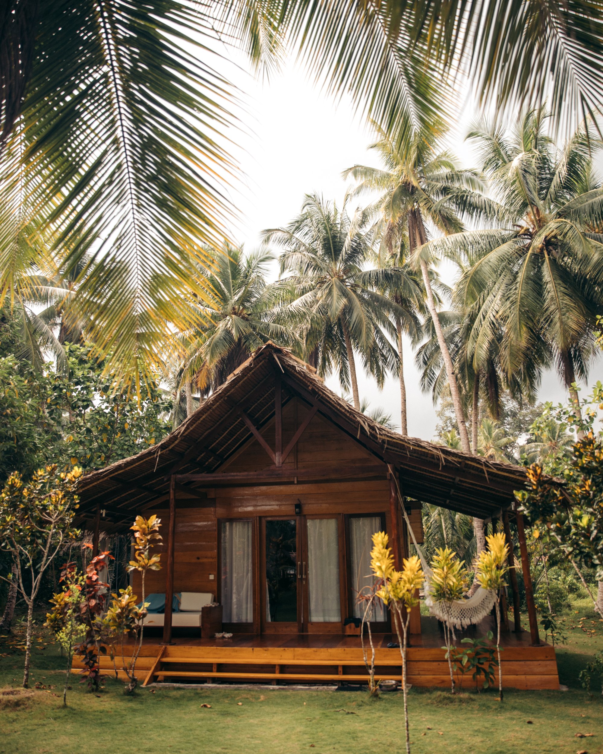 Wooden cottage with a porch, surrounded by lush green tropical plants and palm trees, with a thatched roof roof and large glass sliding doors.