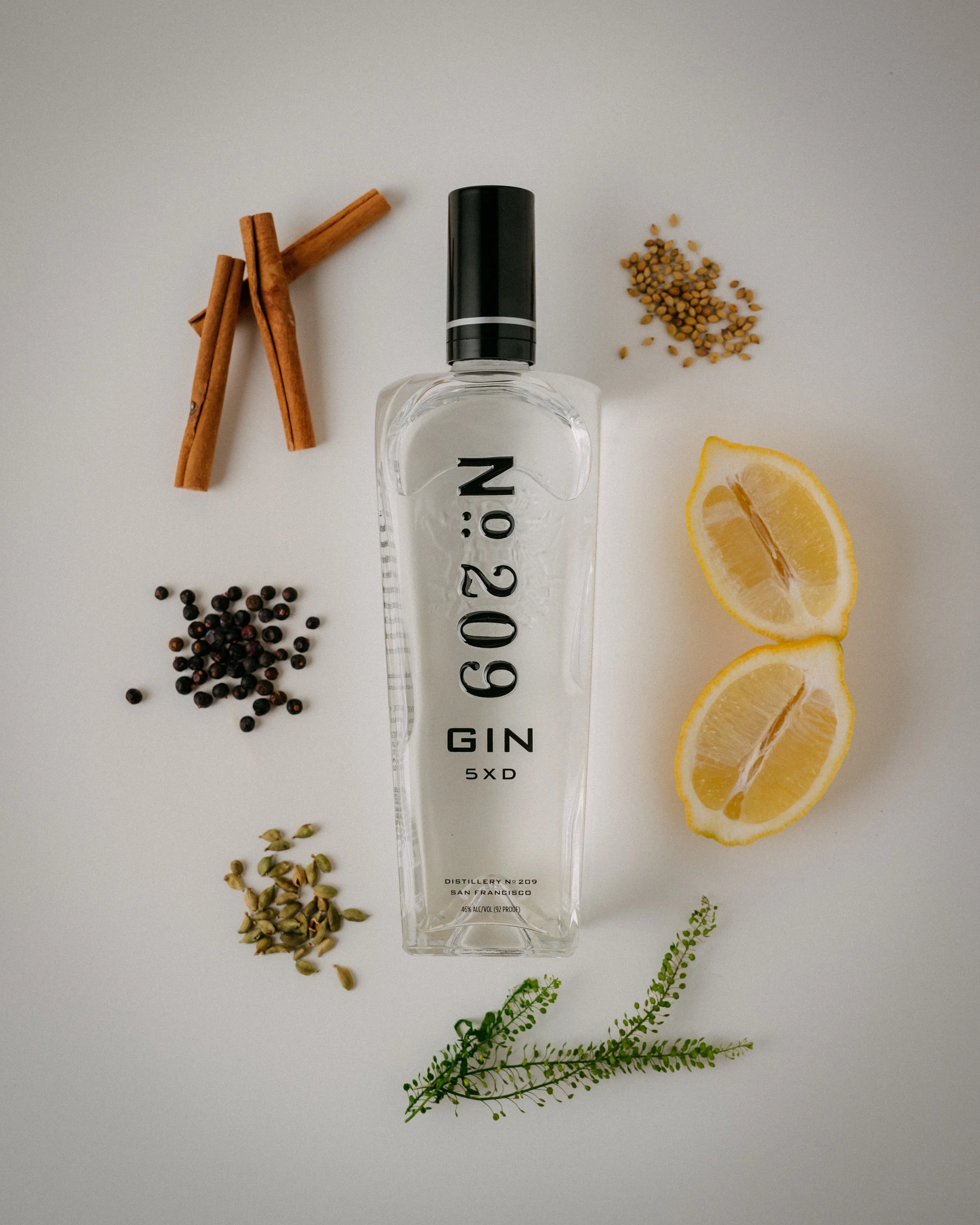 A clear gin bottle labeled 'GODSON' in the center, surrounded by cinnamon sticks, lemon wedges, black peppercorns, green cardamom pods, coriander seeds, small green sprigs, and other herbs, all on a white background.