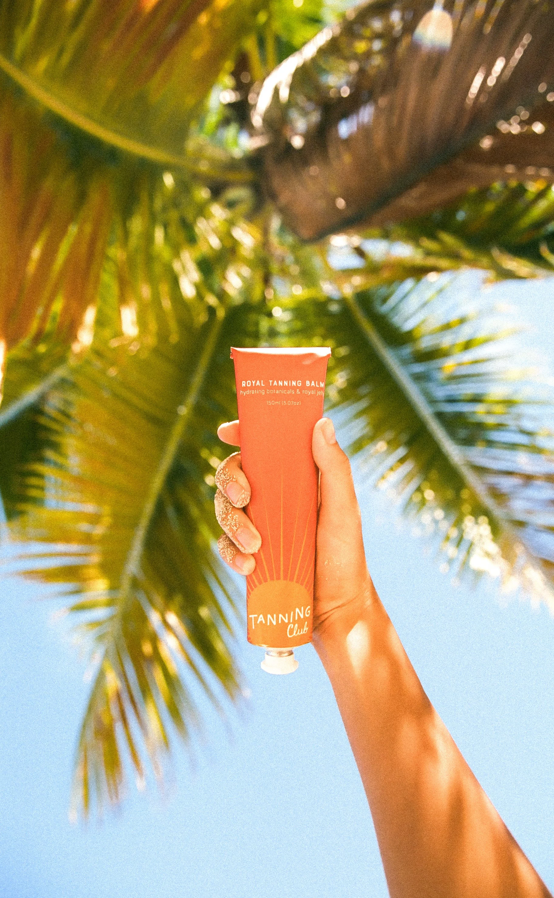Person holding a tube of tanning balm with a background of palm tree leaves and a blue sky.
