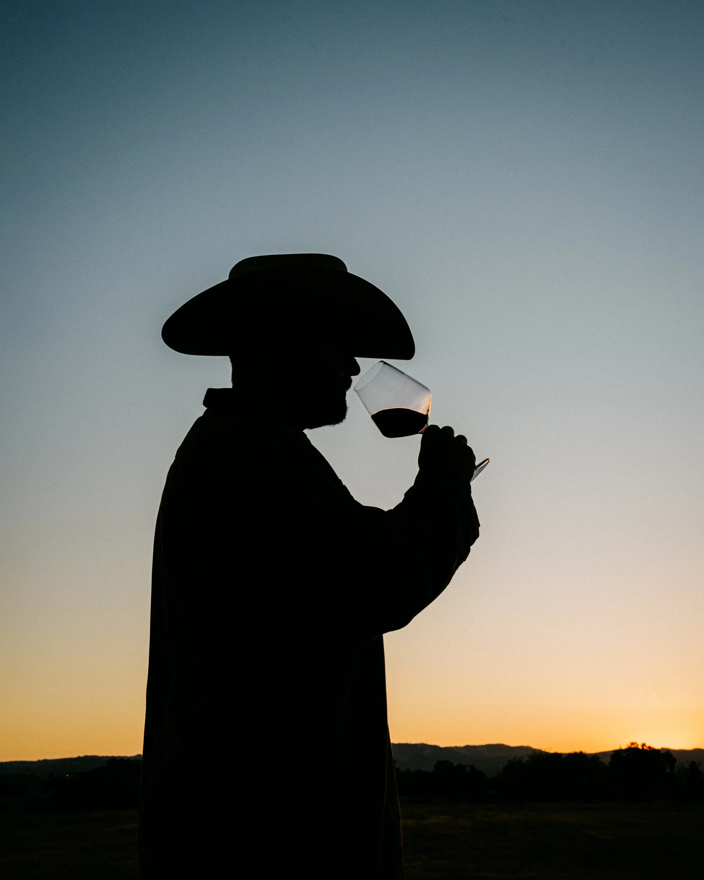 Silhouette of a person wearing a hat, drinking wine, during sunset with a landscape in the background.