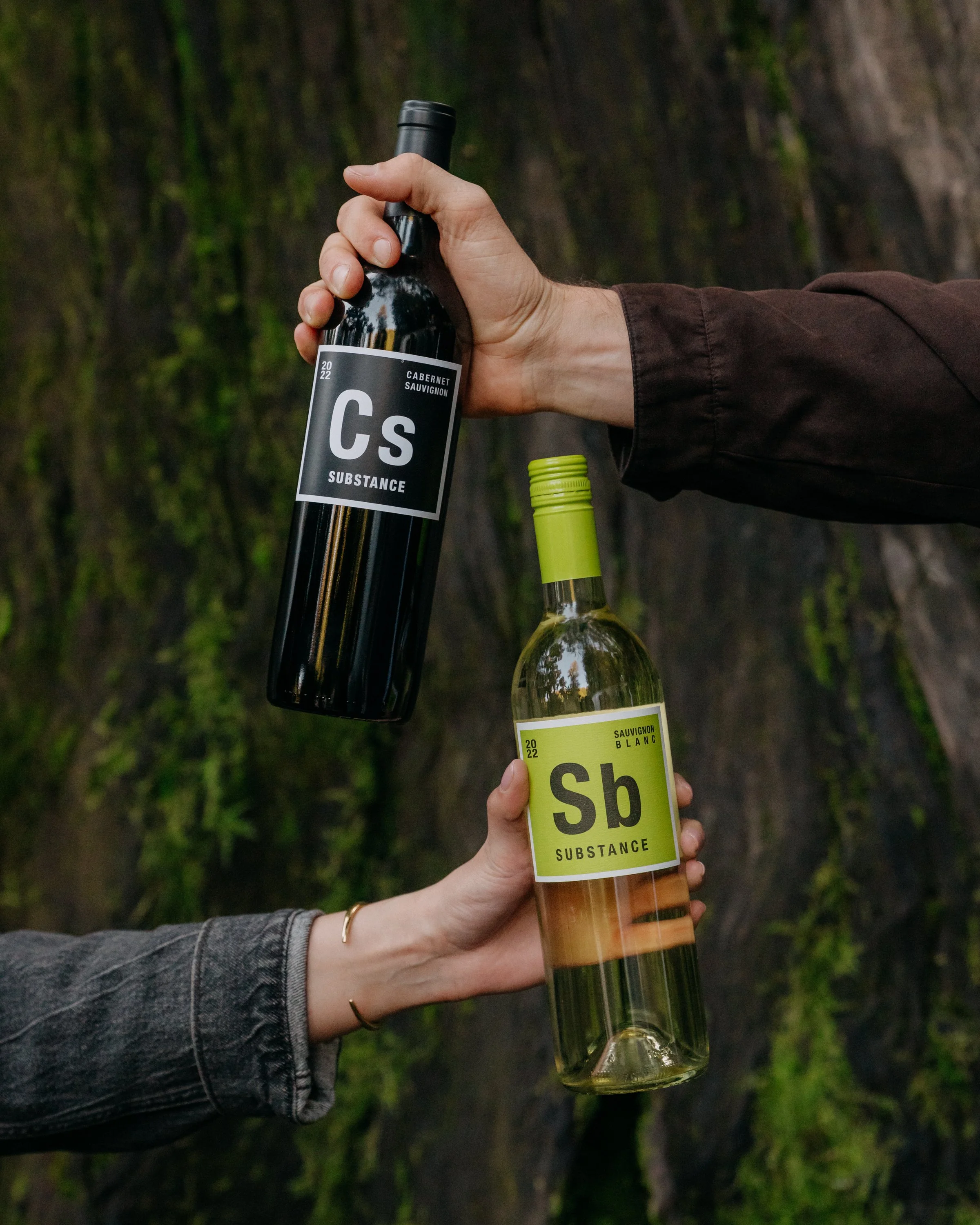 Person holding two bottles of wine while outside near tree trunk