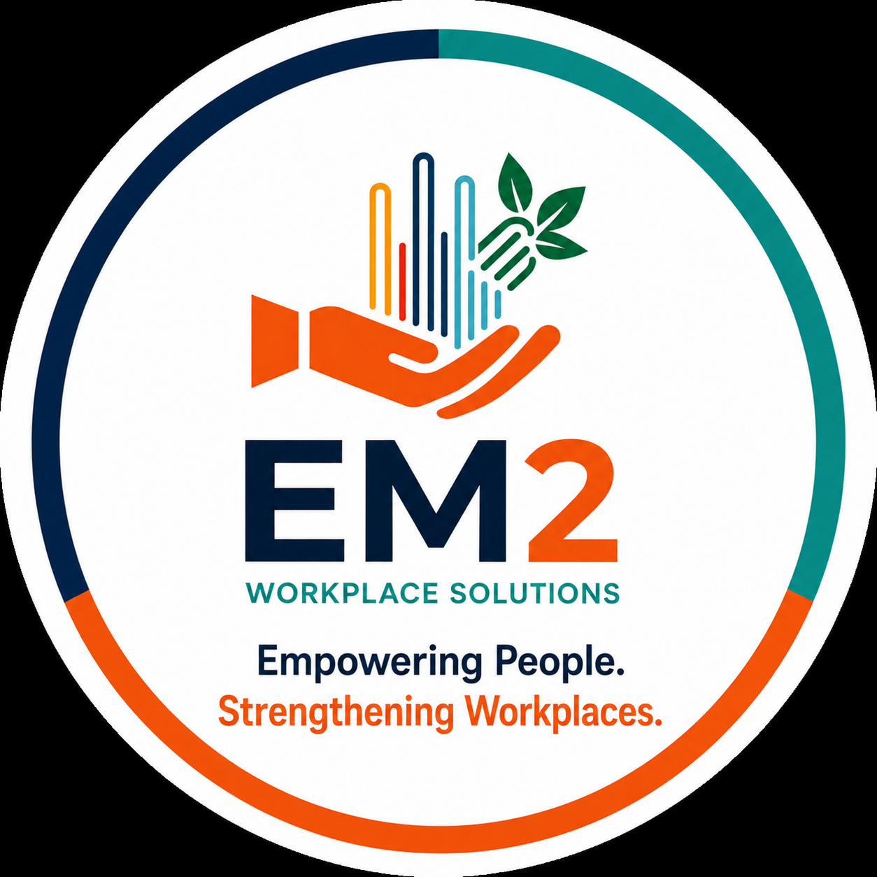 Logo with a hand holding a plant and colorful lines representing growth, with the text "EM2 Workplace Solutions" and the slogans "Empowering People" and "Strengthening Workplaces."