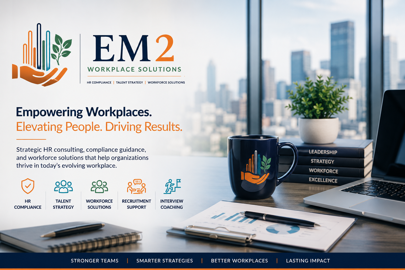 Corporate website homepage for EM2 Workplace Solutions with text and icons, featuring a desk view with a notebook, pen, mug, stacked books, and a laptop, against a cityscape background.