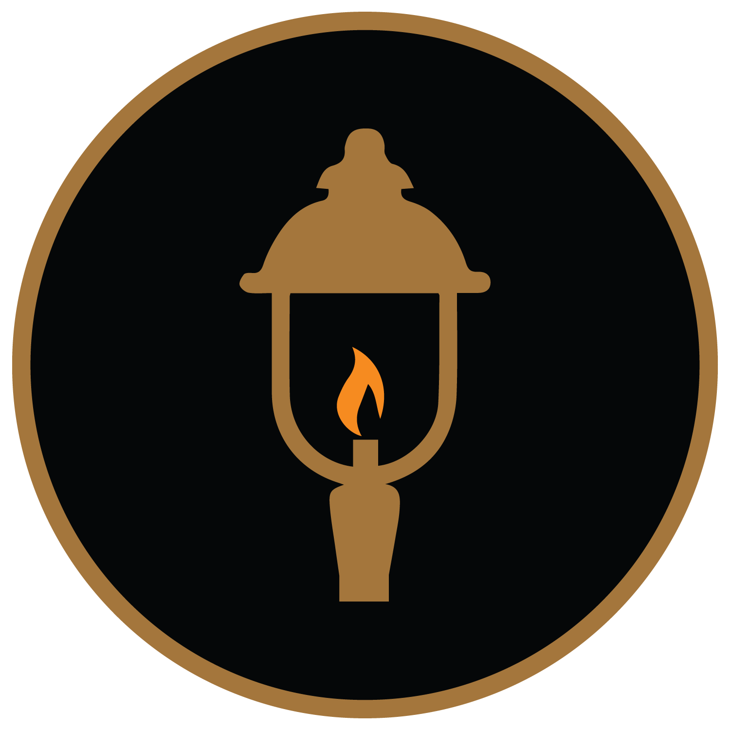 A stylized logo of a vintage street lamp with a glowing flame inside, set against a black circular background, bordered with a brown outline.