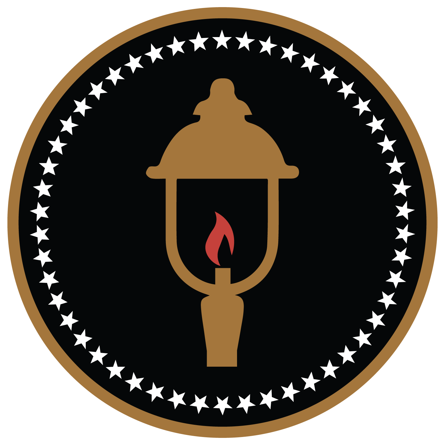 A circular emblem featuring a vintage lantern with a red flame inside, surrounded by a ring of white star shapes and a brown border.