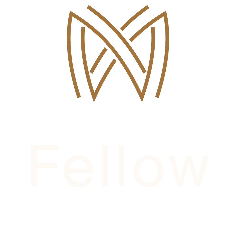 Logo for Fellow Science & Discovery, featuring a stylized brown molecular structure or atomic orbit icon above the word "Fellow" in white, with "Science & Discovery" written below in smaller white text.