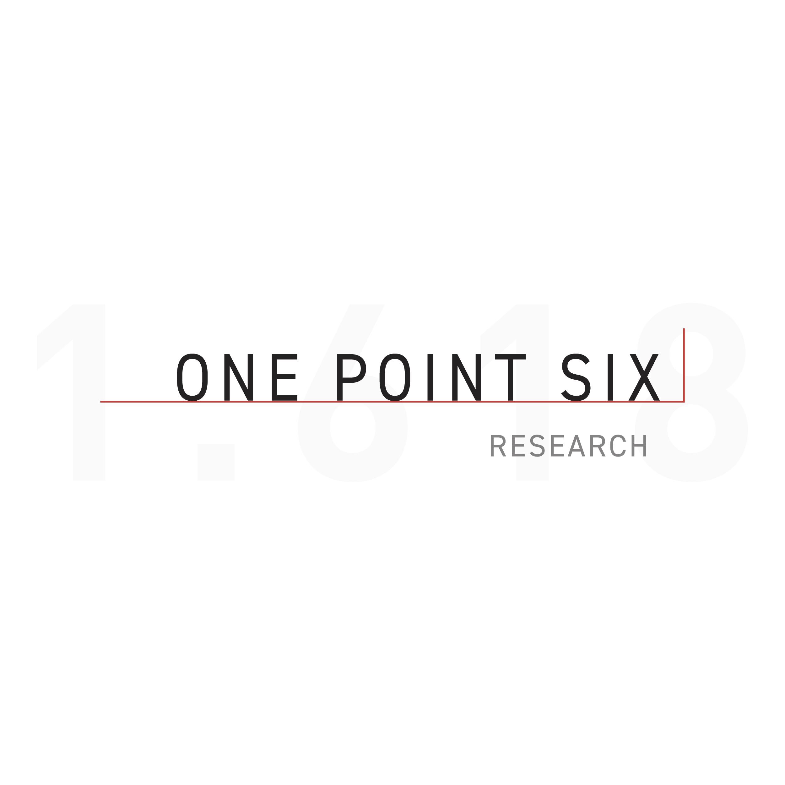 A black sign with white text that reads 'ONE POINT SIX' and smaller text below that says 'RESEARCH'.