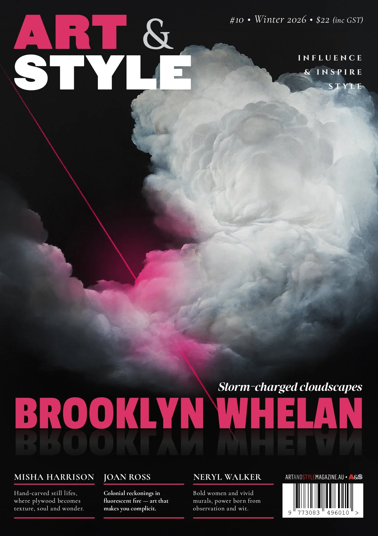 Magazine cover for Art & Style, Winter 2026 issue number 10, priced at $22. Features storm-charged cloudscapes with a pink lightning bolt and dark background. Highlighted artists include Misha Harrison, Joan Ross, and Neryl Walker.