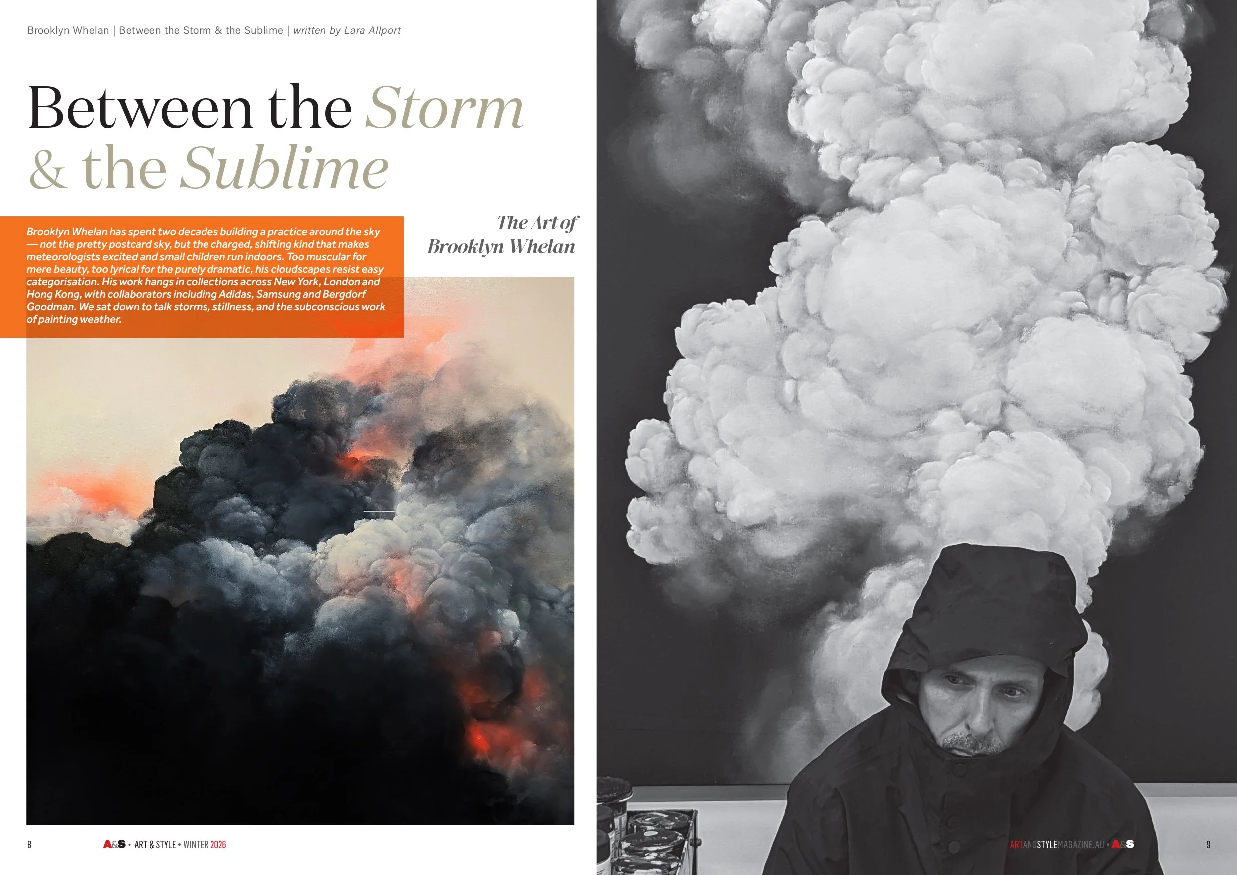 A two-page spread from art magazine showing artwork by Brooklyn Whelan. The left page features a colored image of a large smoke cloud with orange and black hues, accompanied by a block of text about Whelan and his work. The right page displays a black-and-white photograph of a large, billowing cloud of smoke or steam, with part of a person's head and shoulders at the bottom.