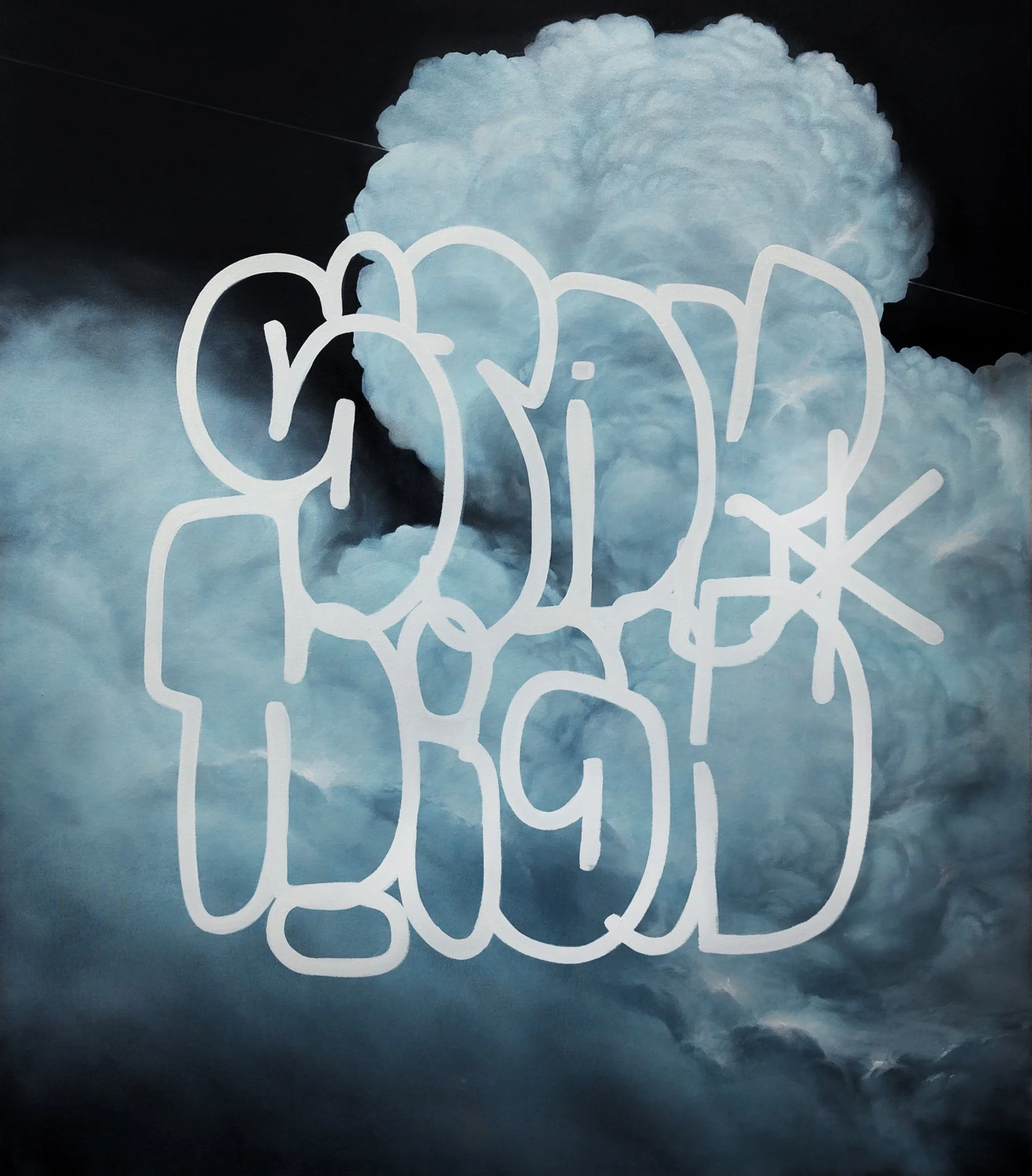 A blue cloud with a white graffiti-style outline of the word 'CLOUD' written over it, set against a black background.