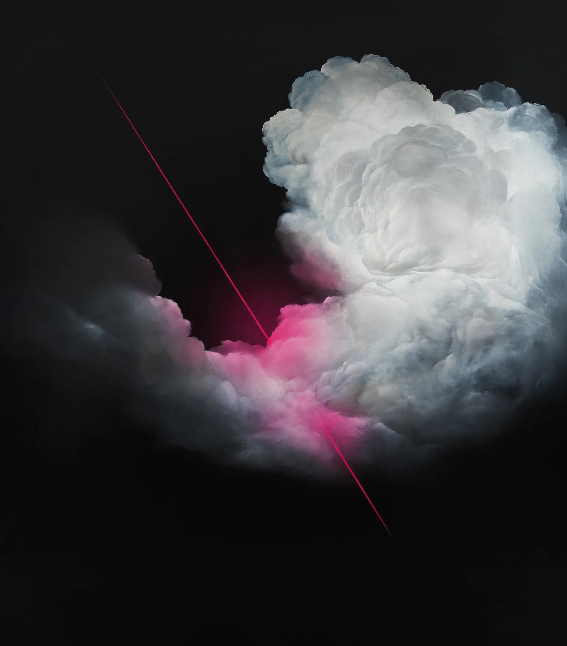 Clouds illuminated with pink light against a dark night sky with a red laser beam passing through.