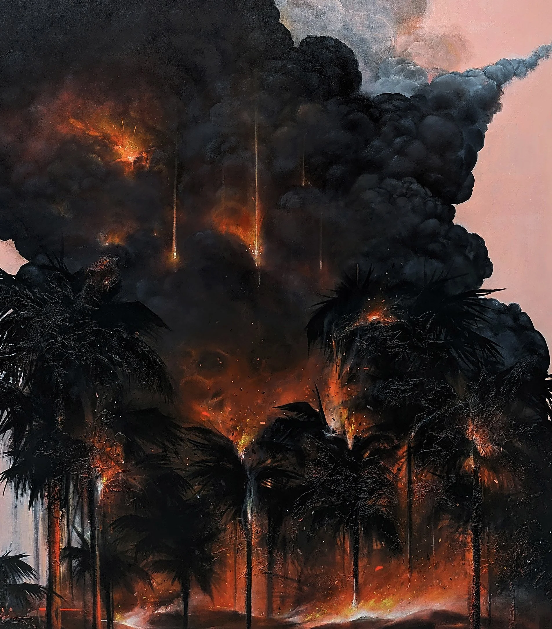 A wildfire burning among trees, with black smoke and orange flames, creating an ominous scene of destruction.