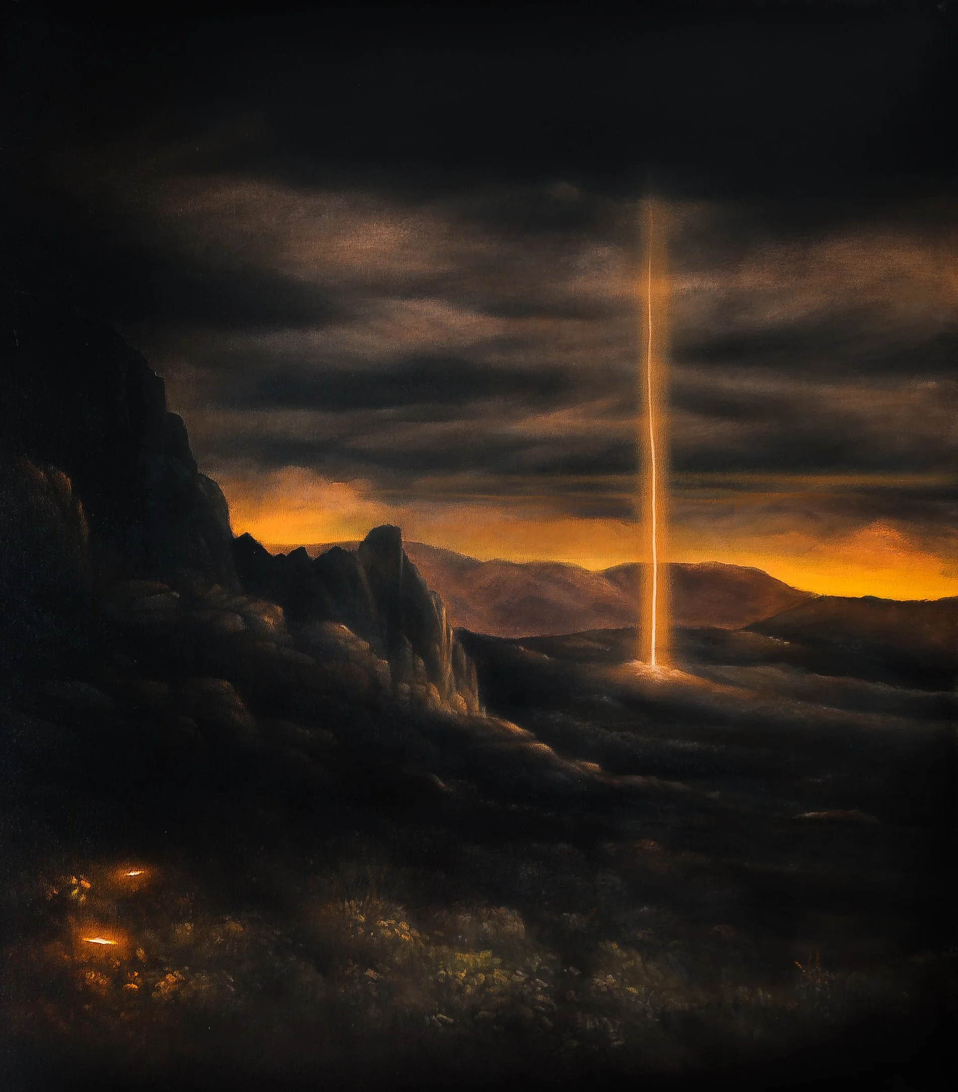 A dark stormy sky at sunset with a vertical lightning strike illuminating the clouds and mountains below.