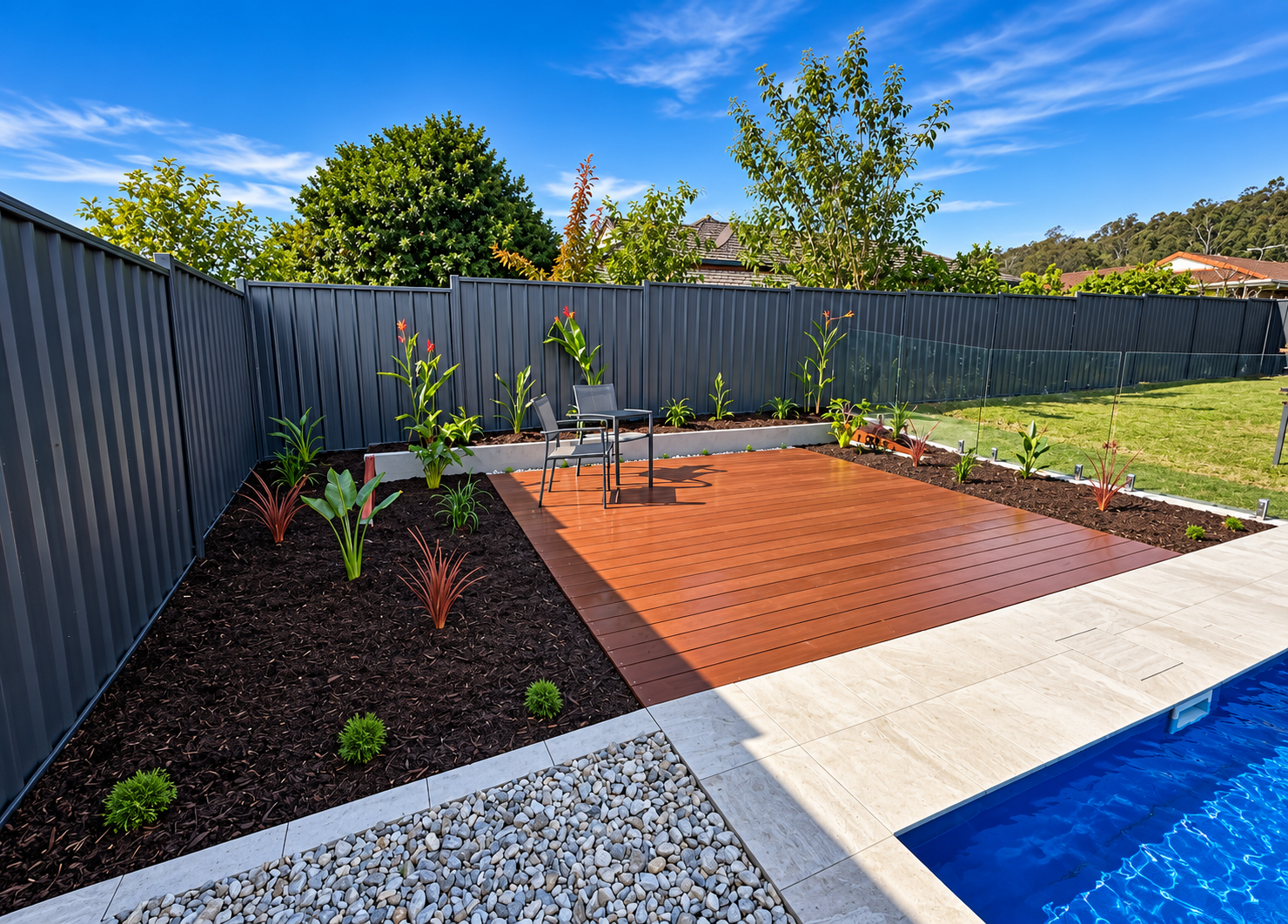 Custom residential outdoor decking designed and installed by Seamless Scapes