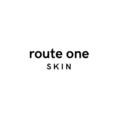 A black and white logo with text reading 'route one SKIN' in a minimalist style.