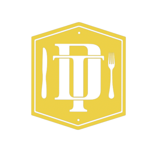 Logo with a yellow hexagon border, featuring a large black letter D in the center, with a knife on the left, a fork on the right, and a small hammer above the D.
