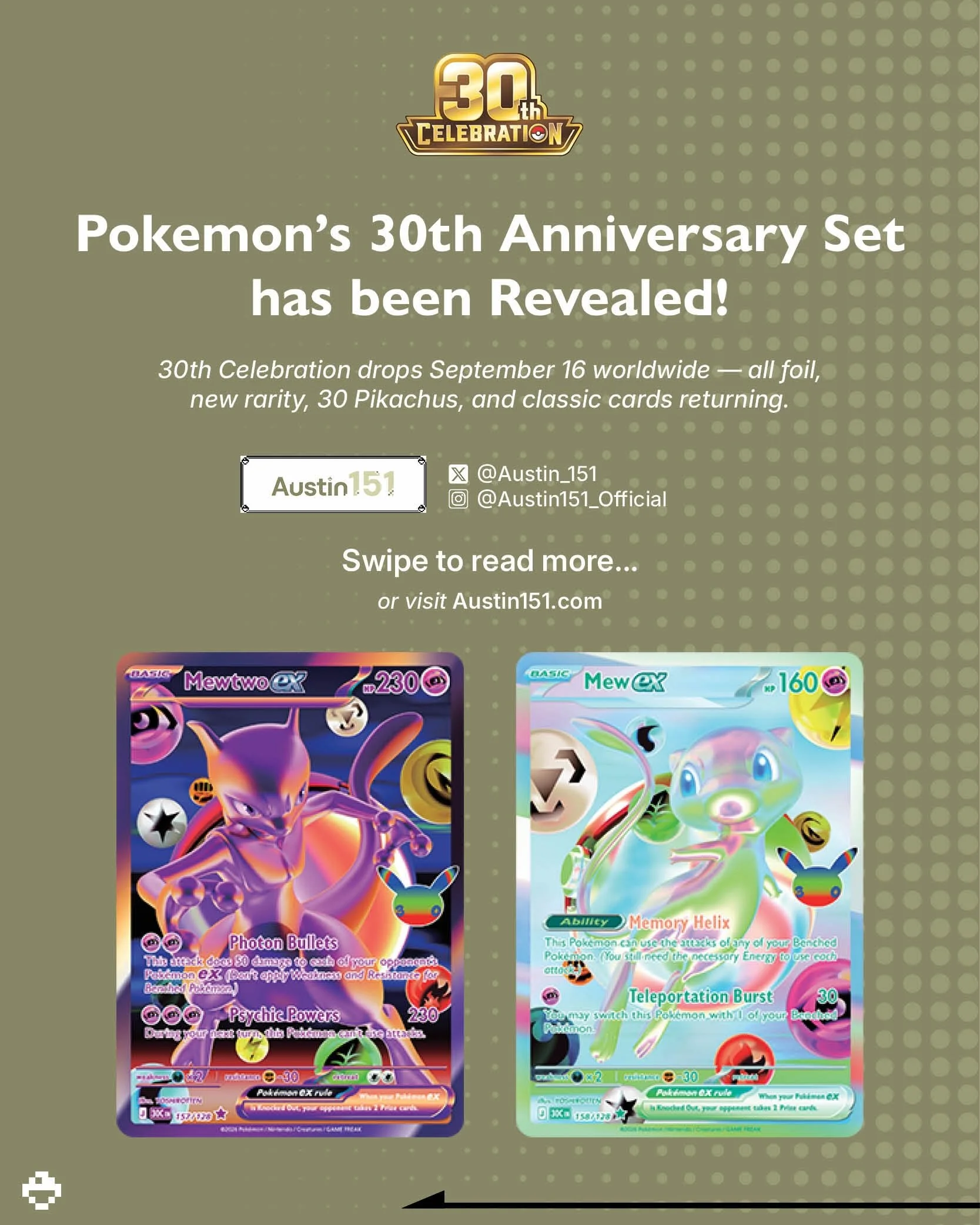 Pok&eacute;mon&rsquo;s 30th celebration expansion drops September 16th! Read more at Austin151.com