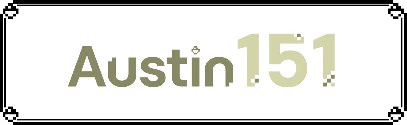 Stylized text reading 'Austin 151' with a black and white decorative border.