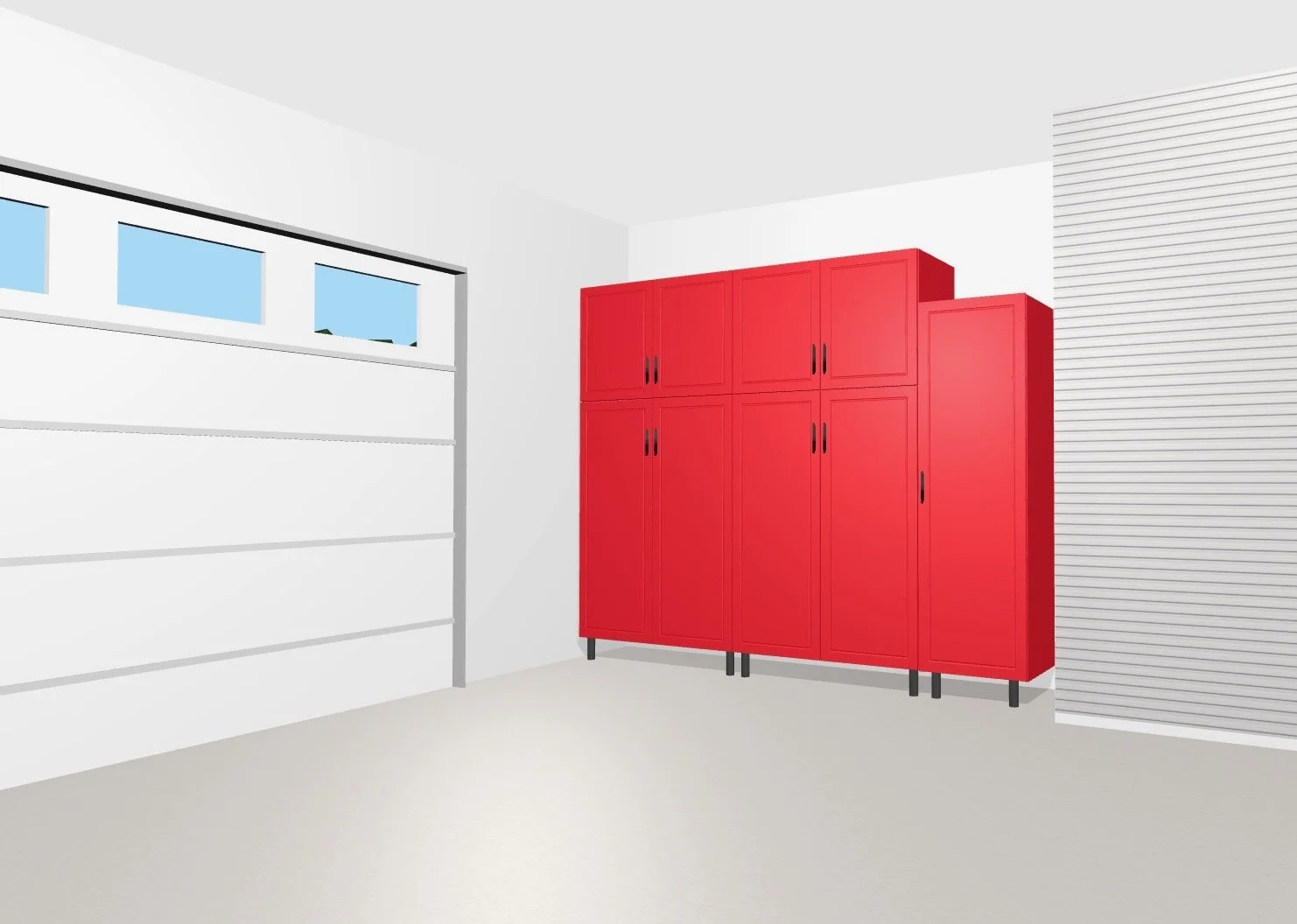 A room with white walls and a closed roll-up door on the right, a set of six red lockers with black handles on short black legs in the corner, and a partial view of a white garage door with small windows on the left.