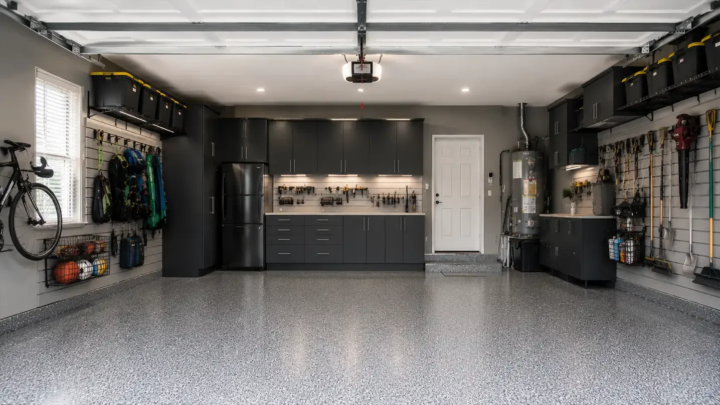 Clean, organized garage with gray cabinets, sports equipment on walls, and a gray speckled floor.