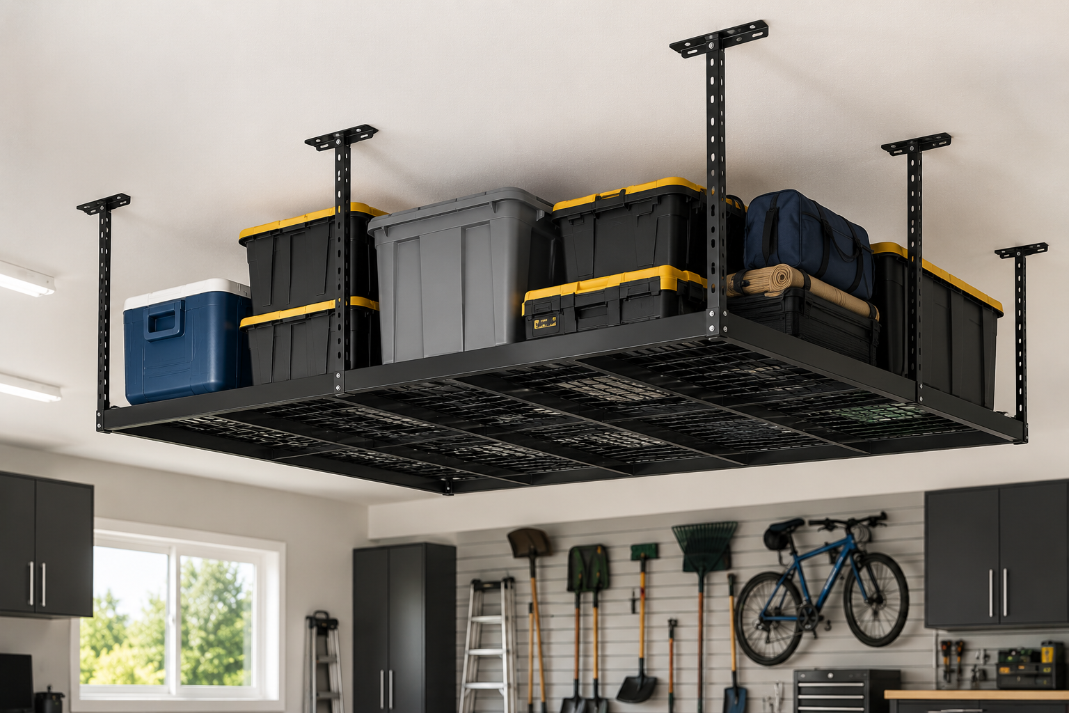 Garage ceiling with a black metal storage rack holding plastic bins and a bag, with a shop workbench underneath.
