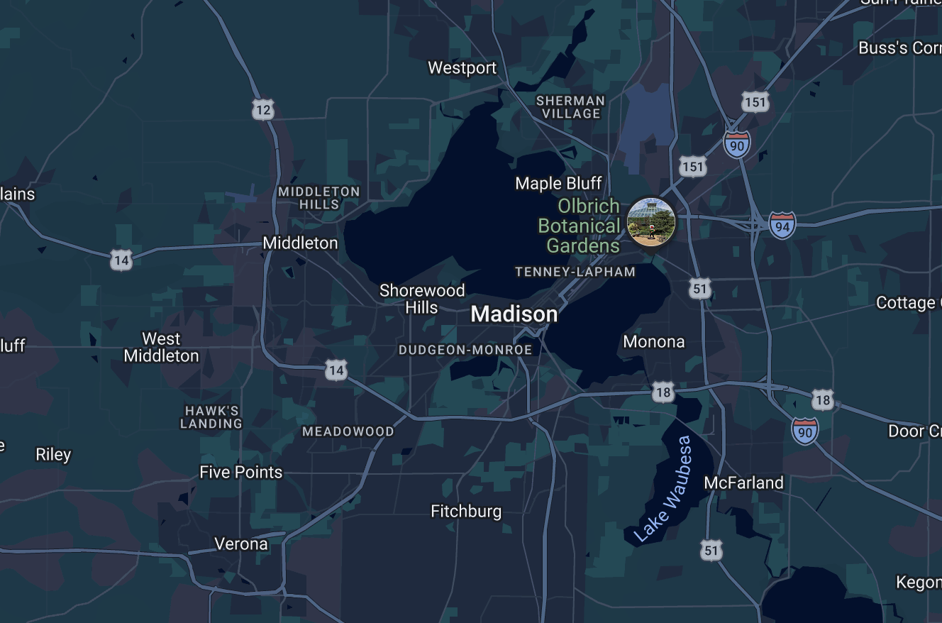 Map showing Madison, Wisconsin, and surrounding neighborhoods, lakes, and parks. Olbrich Botanical Gardens is marked on the map.