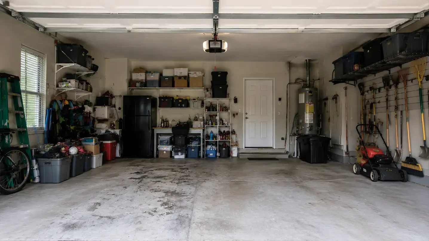 Empty garage with shelves of storage bins, tools, and a lawn mower.