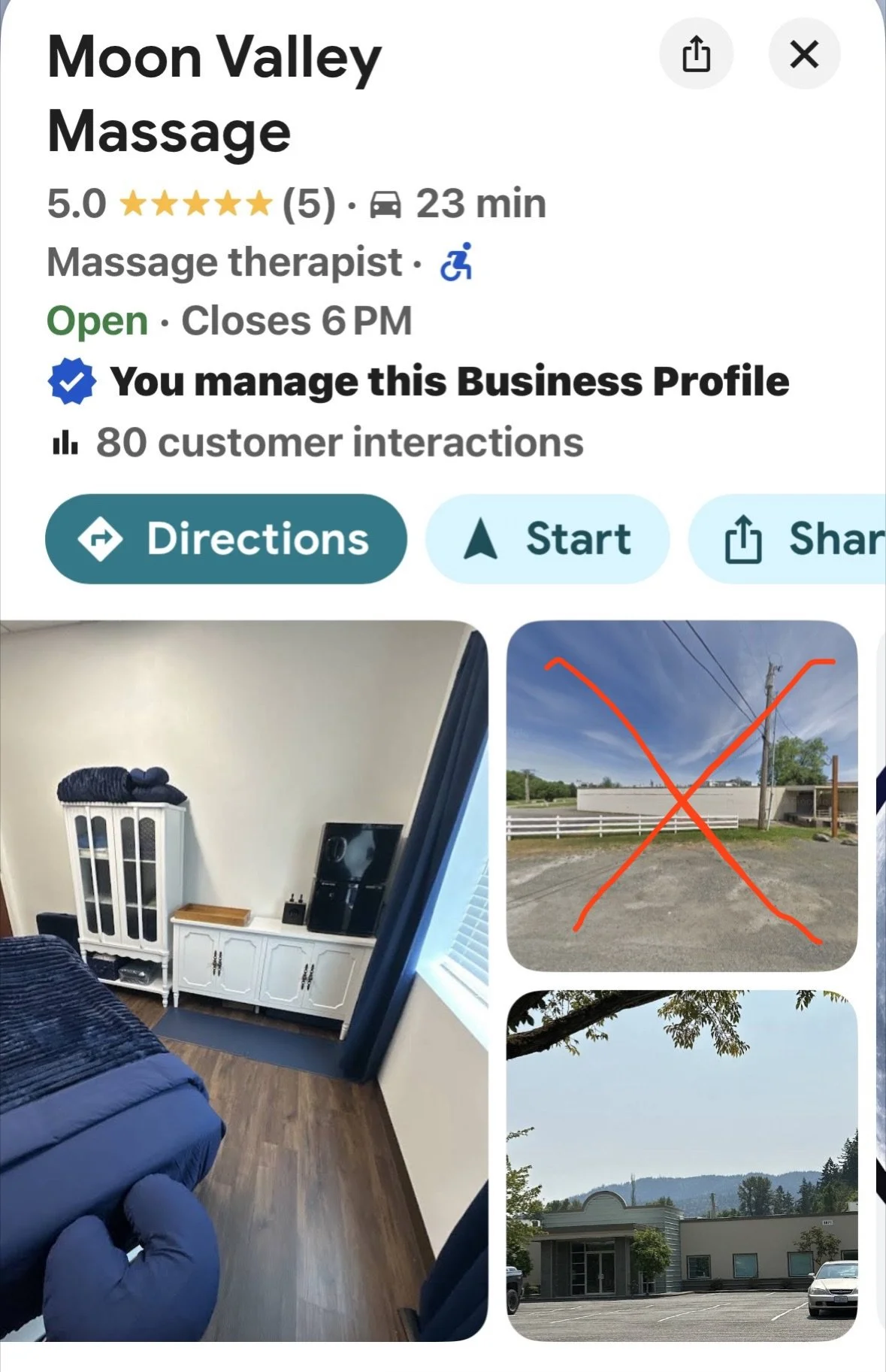 Google 360° Street View showing an incorrect view of the building where Moon Valley Massage is located in Issaquah, Washington.