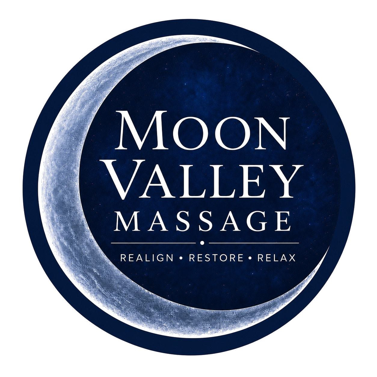 Logo for Moon Valley Massage featuring a crescent moon and a starry night sky background with the text 'Moon Valley Massage' and the tagline 'Rejuvenate, Restore, Relax'.