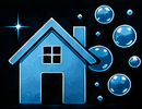 Illustration eines blauen Hauses mit mehreren Blasen oder Kreisen im Hintergrund.
