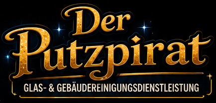 Logo mit goldener Schrift 'Der Putzpirat' und zusätzlichem Text 'Glas- & Gebäudereinigungsdienstleistung' auf schwarzem Hintergrund.