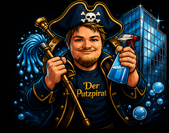Ein Mann in Piratenkleidung hält eine Wasserpistole und einen Wasserschlauch, vor einem modernen Gebäude, als Cartoon dargestellt.