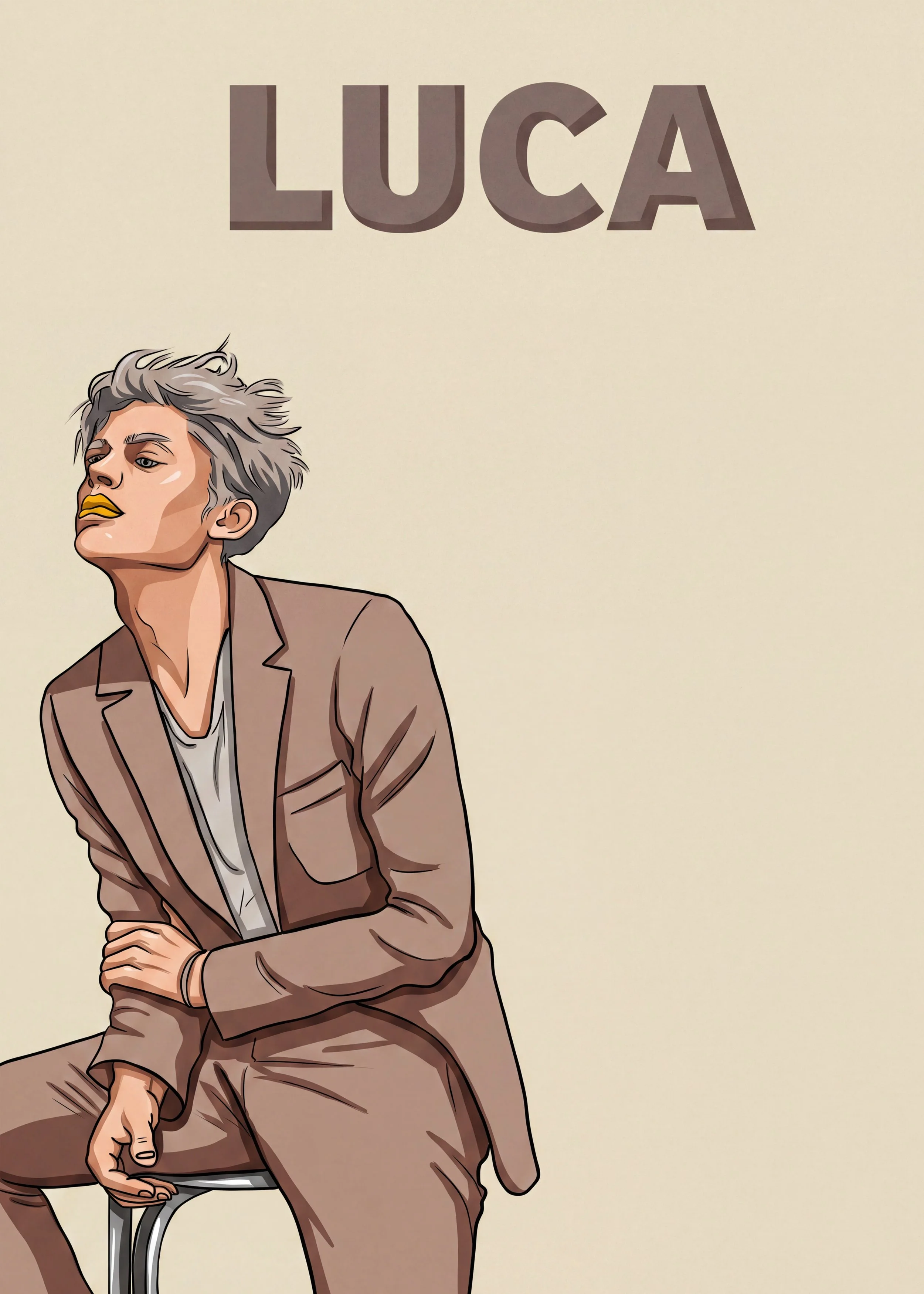 A digital illustration of a person with short, gray hair, wearing a brown suit, sitting with crossed arms, and yellow lipstick. Above, the name "LUCA" is written in large, bold, brown letters on a plain, light background.