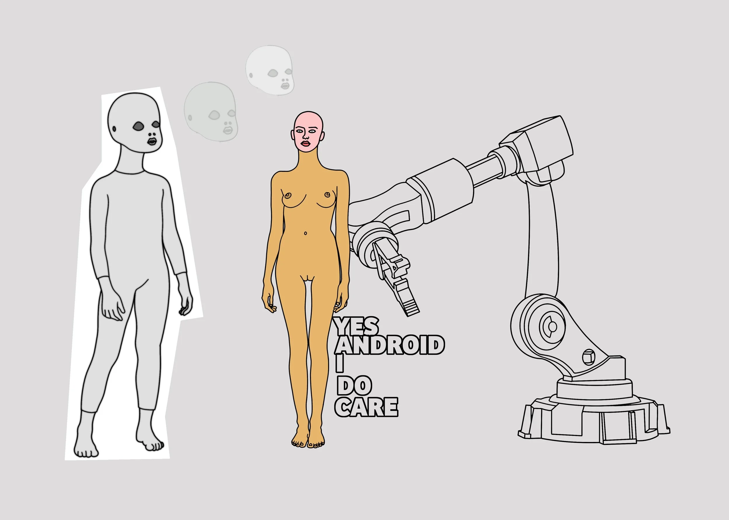 Illustration of a woman's body with a robotic arm, a large microscope, and faces with a speech bubble reading "YES, ANDROID, DO CARE".