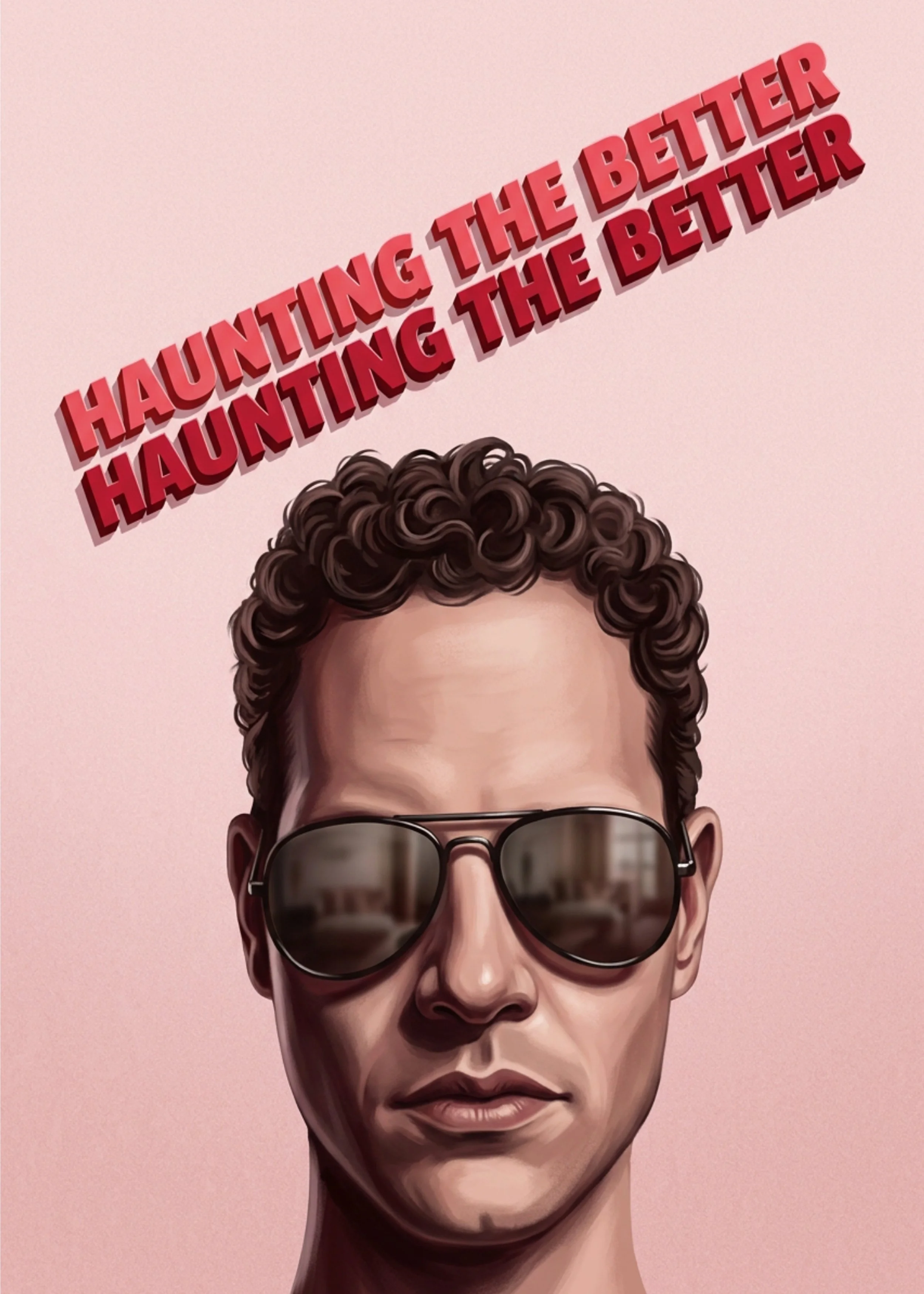 A digital illustration of a man with curled brown hair wearing dark sunglasses, with pink background and bold red text above his head.