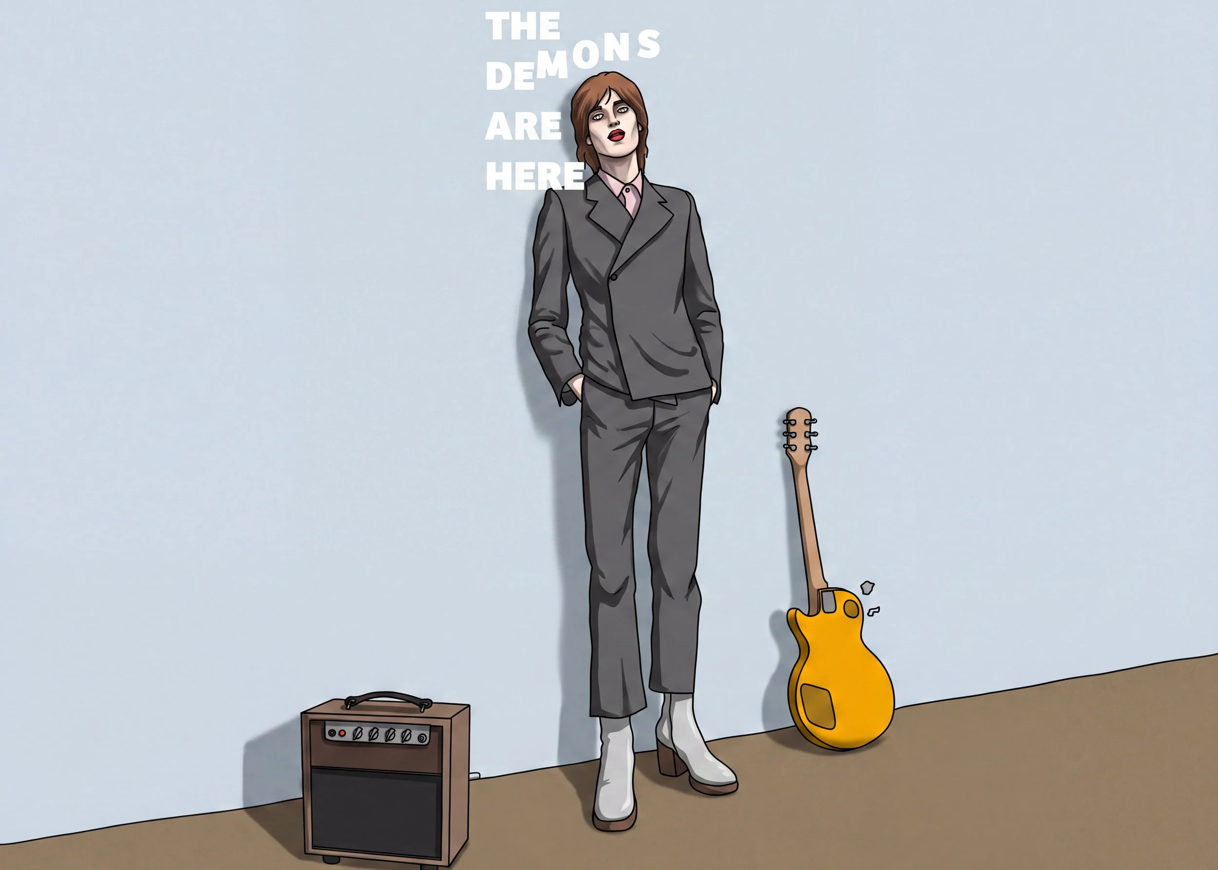 A person with brown hair in a gray suit stands in a room with a white wall. The person appears to be singing or speaking, with one hand in their pocket. The text "The Demons Are Here" is displayed on the wall behind them. There is an orange guitar on
