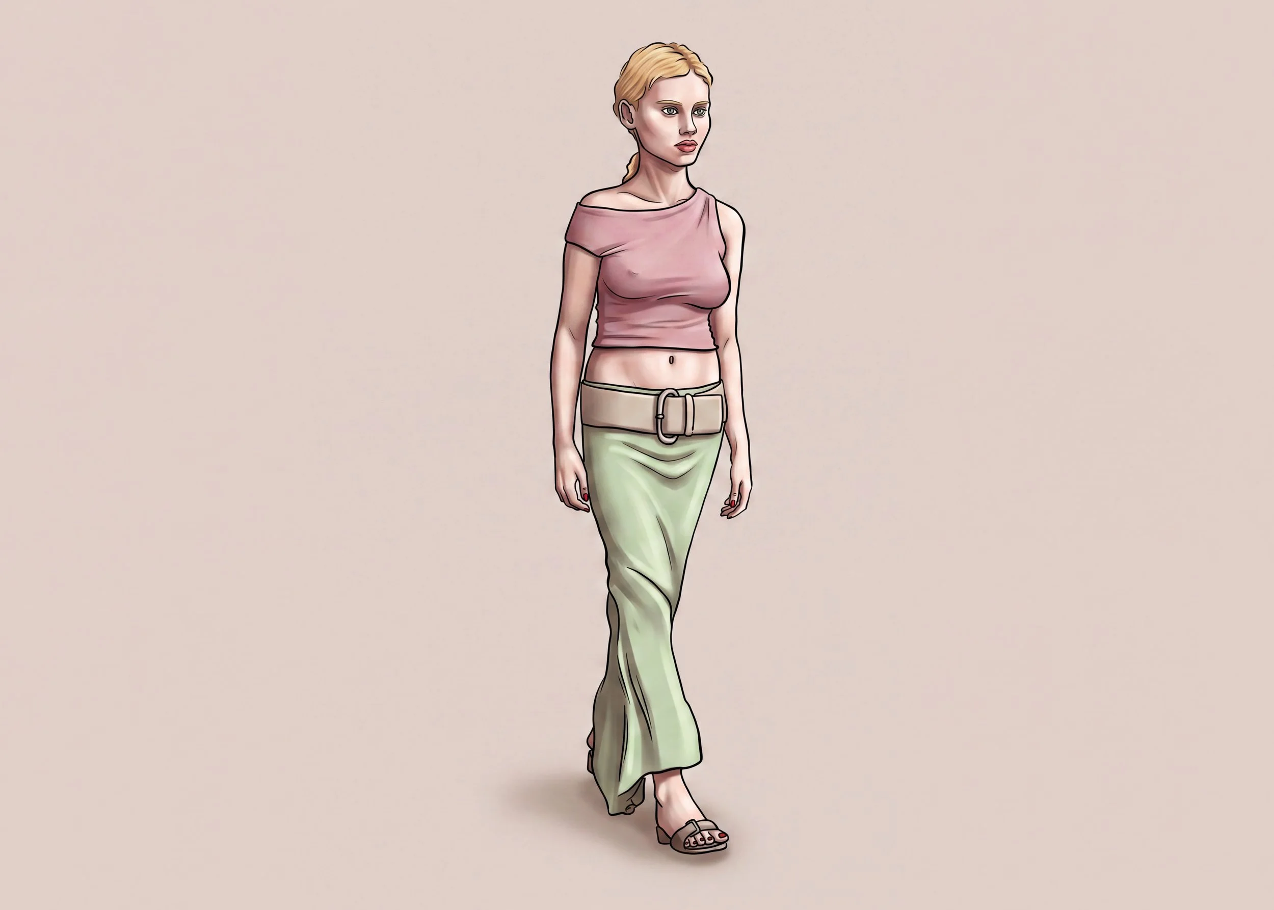 Fashion illustration of a woman in a green skirt, pink off-shoulder top, and beige belt, walking with a neutral expression.