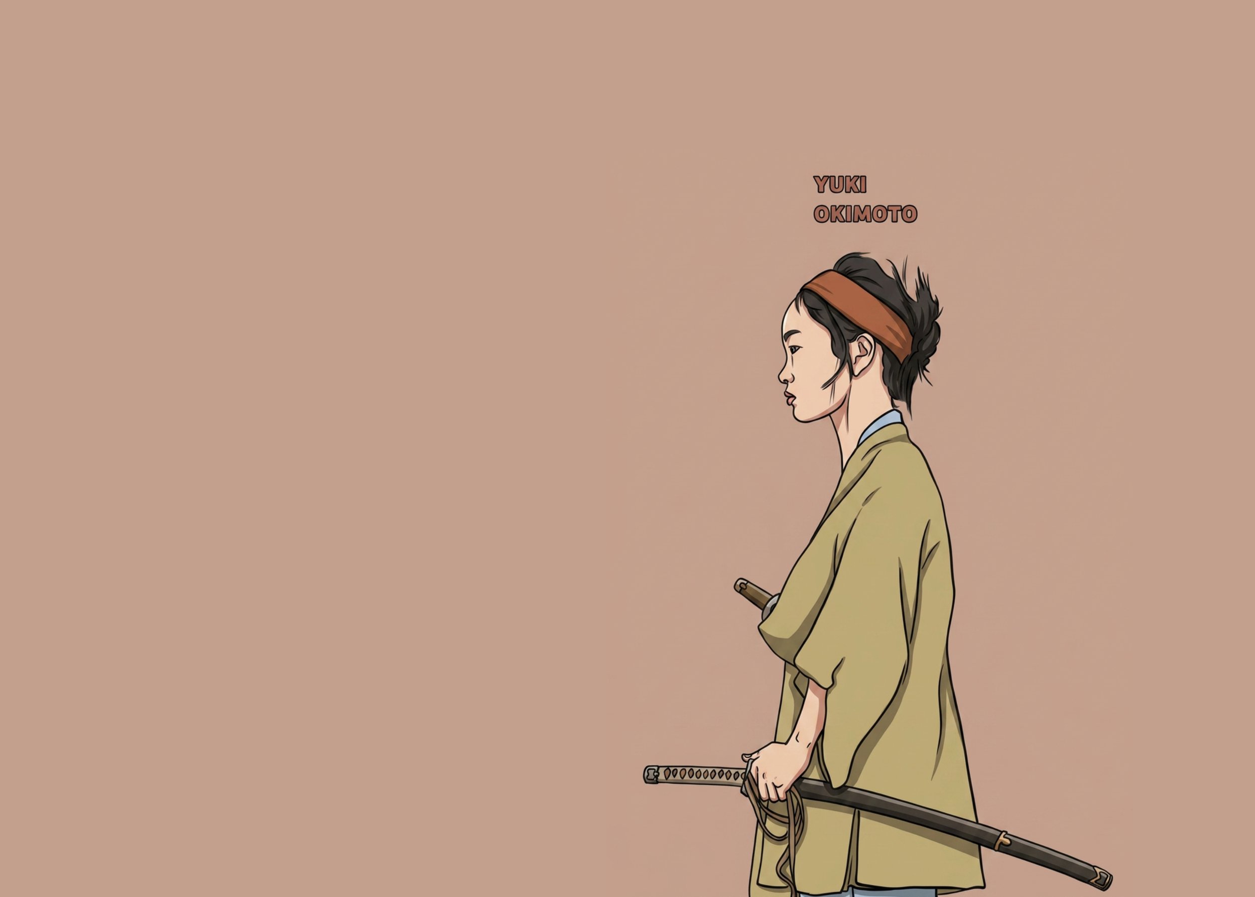 Illustration of a woman with short dark hair, wearing a brown headband and traditional clothing, holding a katana sword in her right hand against a plain beige background with the text 'Yuki Okimoto' near her head.