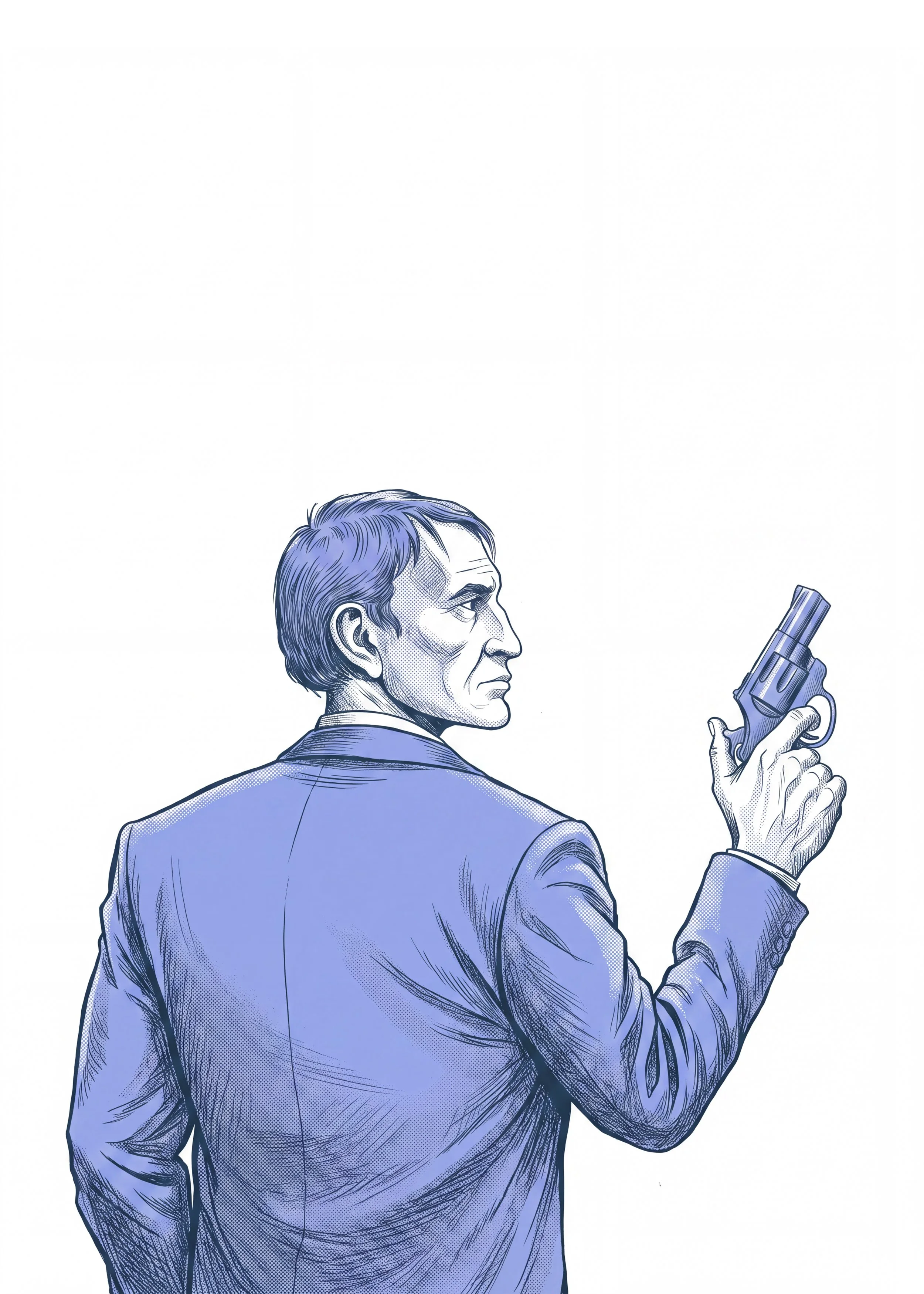 Illustration of a man in a suit holding a gun, looking to his left, with a white background.