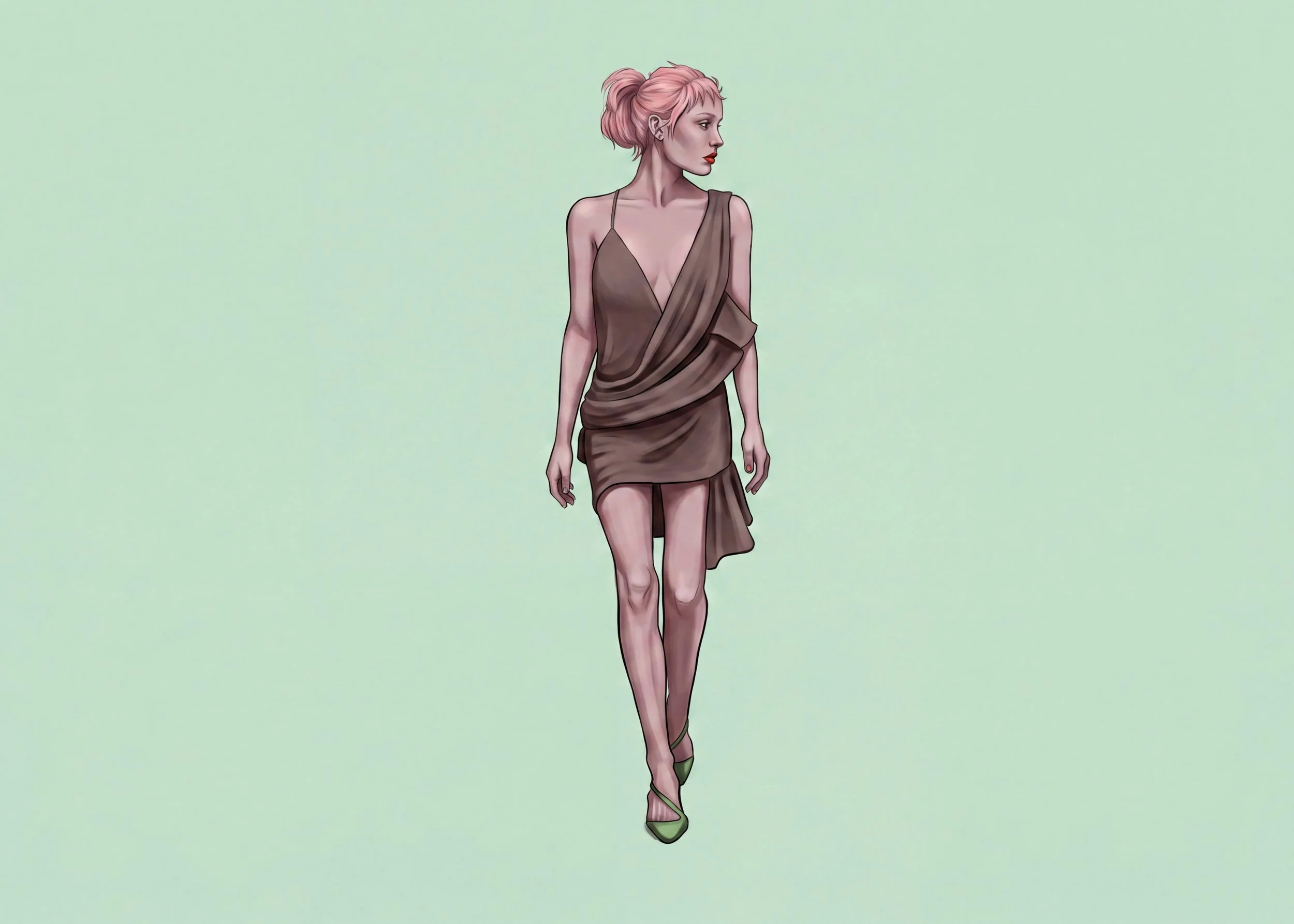 Illustration of a woman with pink hair in a ponytail, wearing a brown dress, standing against a light green background.